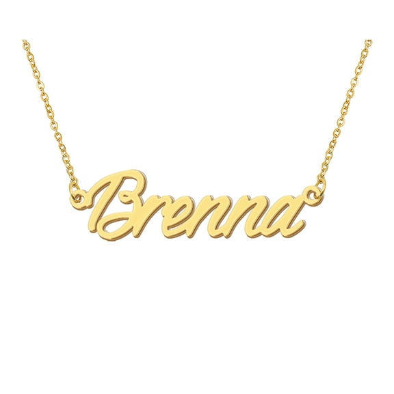 HUAN XUN 18k Gold Plated Brenna Name Necklace Stainless Steel Nameplate Necklaces for Womens Mens Mother Day Christmas Jewelry Gift