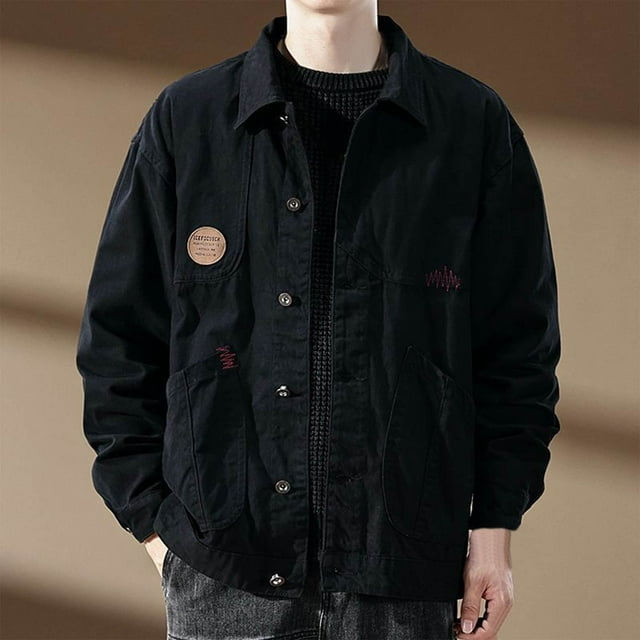 Men's Vintage Work Jacket Short Sleeve, Double Breast Pocket Drop Shoulder Coat, Loose Fit Utility Polyester Jacket for Casual Outdoor Commuting and Daily Wear