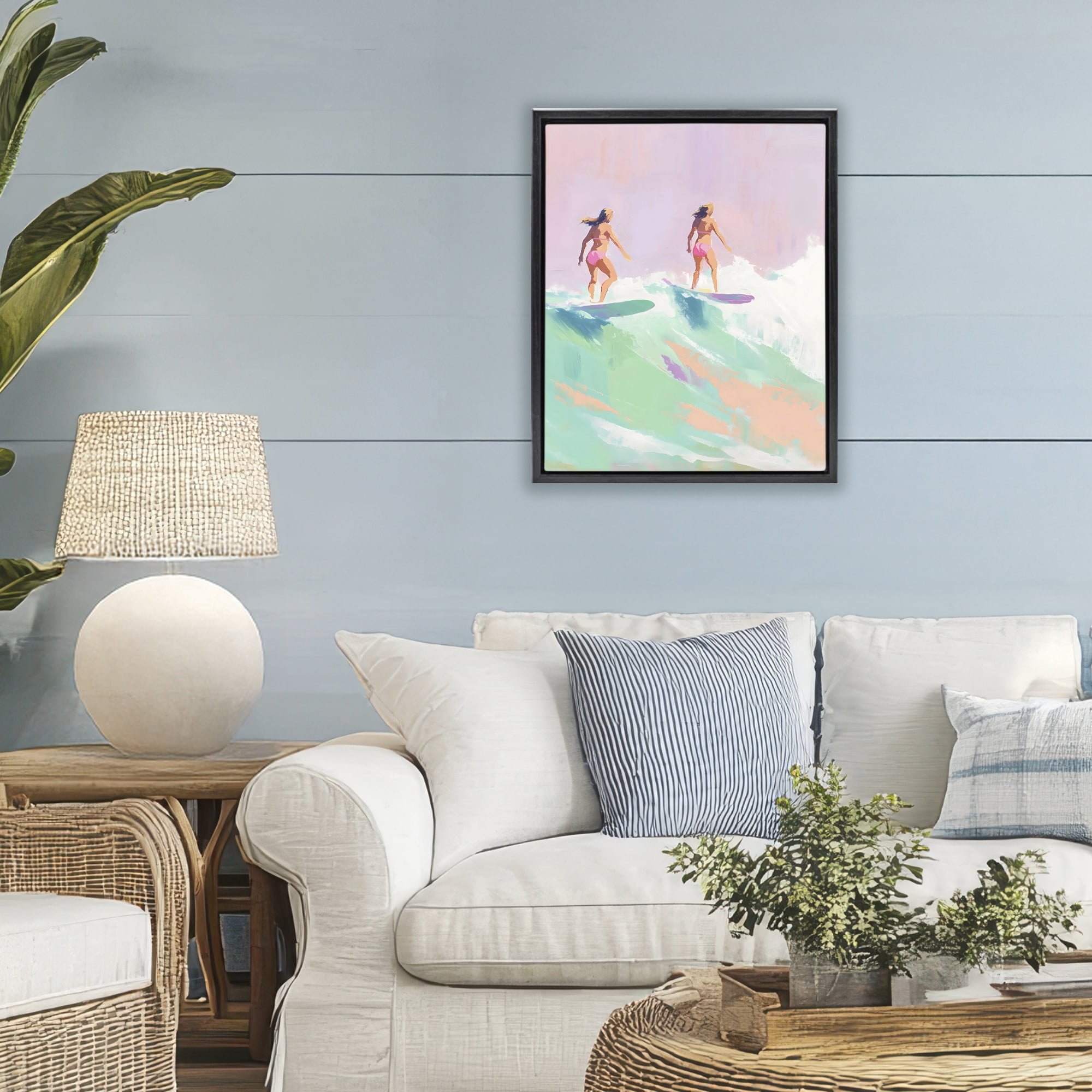 Stupell Industries Two Surfing Girls on Wave Black Framed Floater Canvas Wall Art, design by The Prints Vibe
