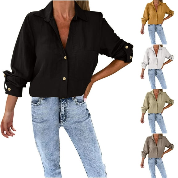 Lovskoo Spring Tops for Women 2024 Roll Up Long Sleeve Solid Color Lace Casual V-Neck Button Down Loose Shirt Top Black L