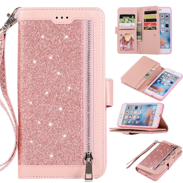 Wallet Case for iPhone 6S iPhone 6 4.7-inch, Allytech Bling Glitter Leather Case with 9 Credit Card Holder Flip Magnetic Closure Stand Cover Cash Pocket and Hand Strap, Pink - Walmart.com