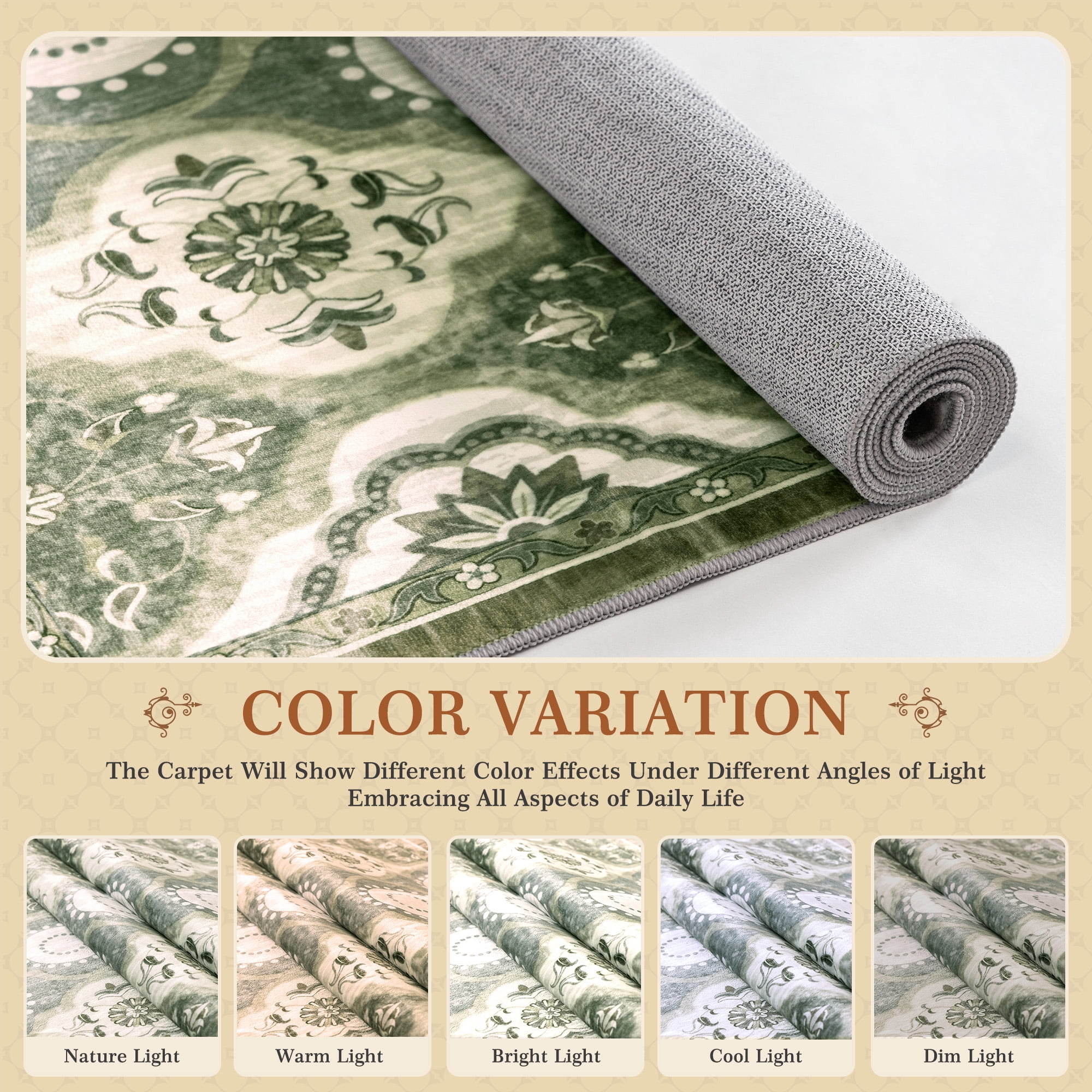 EnHomee 8x10 Area Rugs for Living Room Bedroom Vintage Indoor Carpet Rugs Machine Washable Area Rug,Green