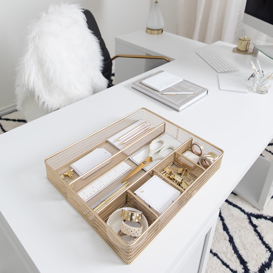 Blu Monaco Desk Drawer Organizer Tray for Office Organization - Gold Metal Large Drawer Organizer Bins - Desk Drawer Organizers and Accessories Tray Organizer