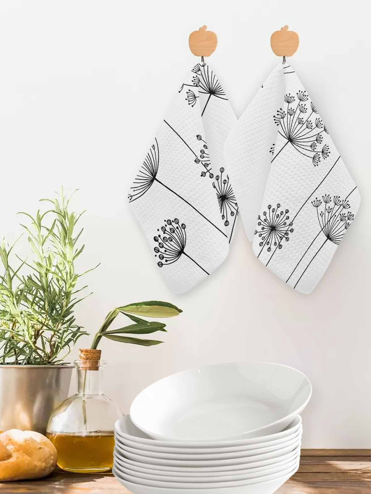 Black Dandelion Kitchen Dish Towels for Drying Dishes Set of 3, Spring Country Modern Minimalist Flower Waffle Weave Microfiber Hand Tea Bathroom Towels Quick Dry & Absorbent Towel 12x12