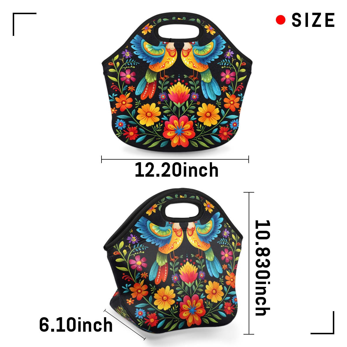Herdesigns Boho Bird Neoprene Lunch Bag, Colorful Flower Insulated Lunch Box for Women Men Washable Lunch Tote Soft Lunch Container With Zipper for Work Picnic Travel