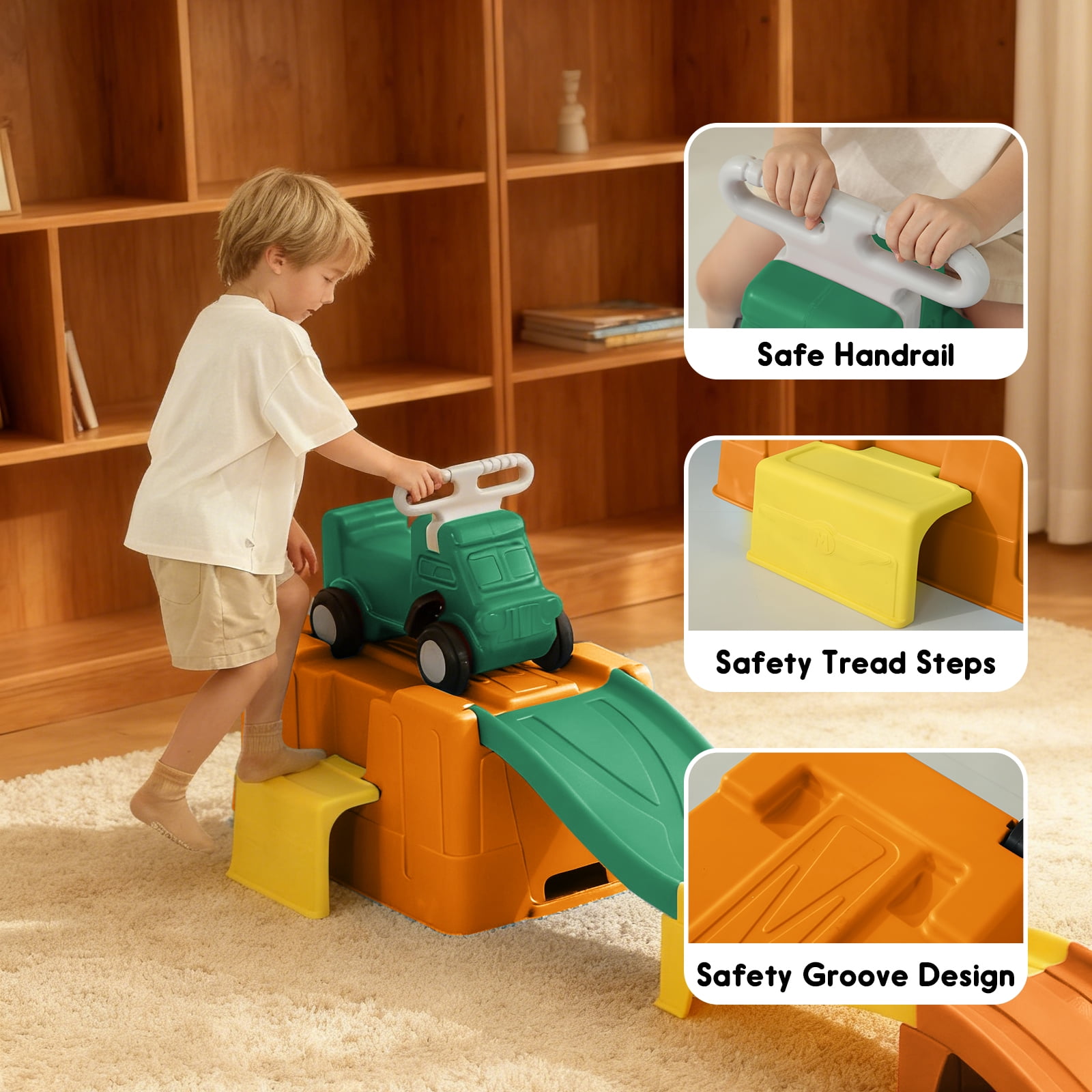 Up & Down Roller Coaster，Kids Ride On Toy，Toddler Push Car with Assembled Race Track & Storage Base Box, Indoor Outdoor Playset