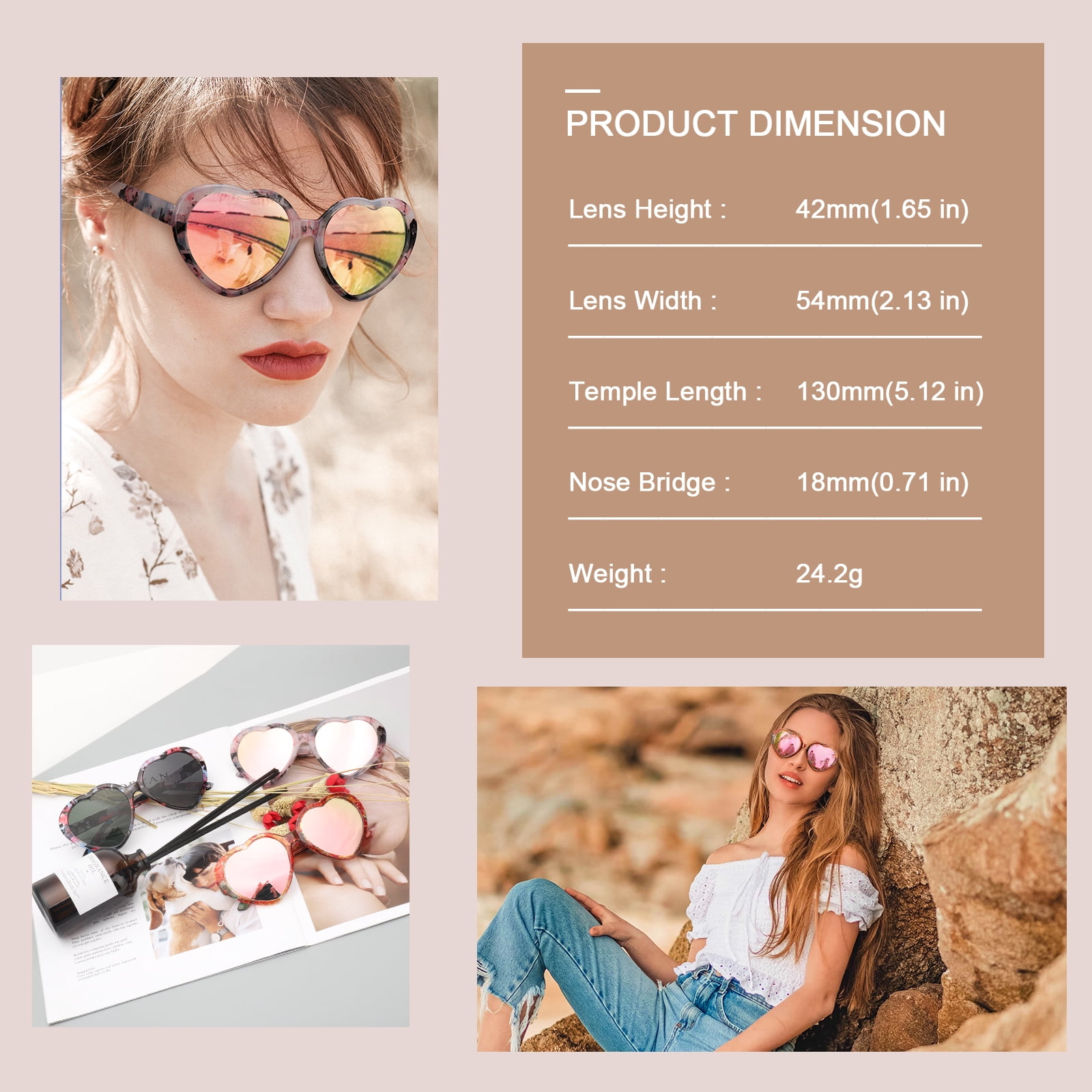 LVIOE Heart Sunglasses for Women, Polarized Heart Shaped Sunglasses with UV Protection Heart Style Retro Glasses for Shopping