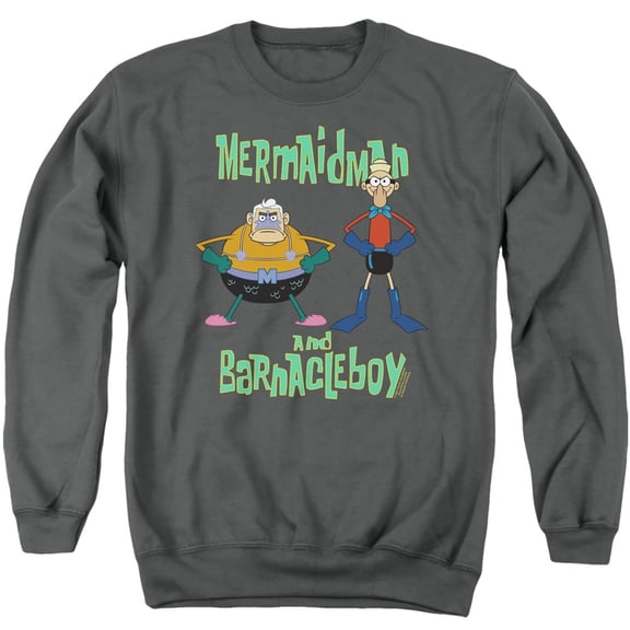 Spongebob Mermaid Man And Barnacle Boy Unisex Adult Crewneck Sweatshirt (X-Large) Charcoal