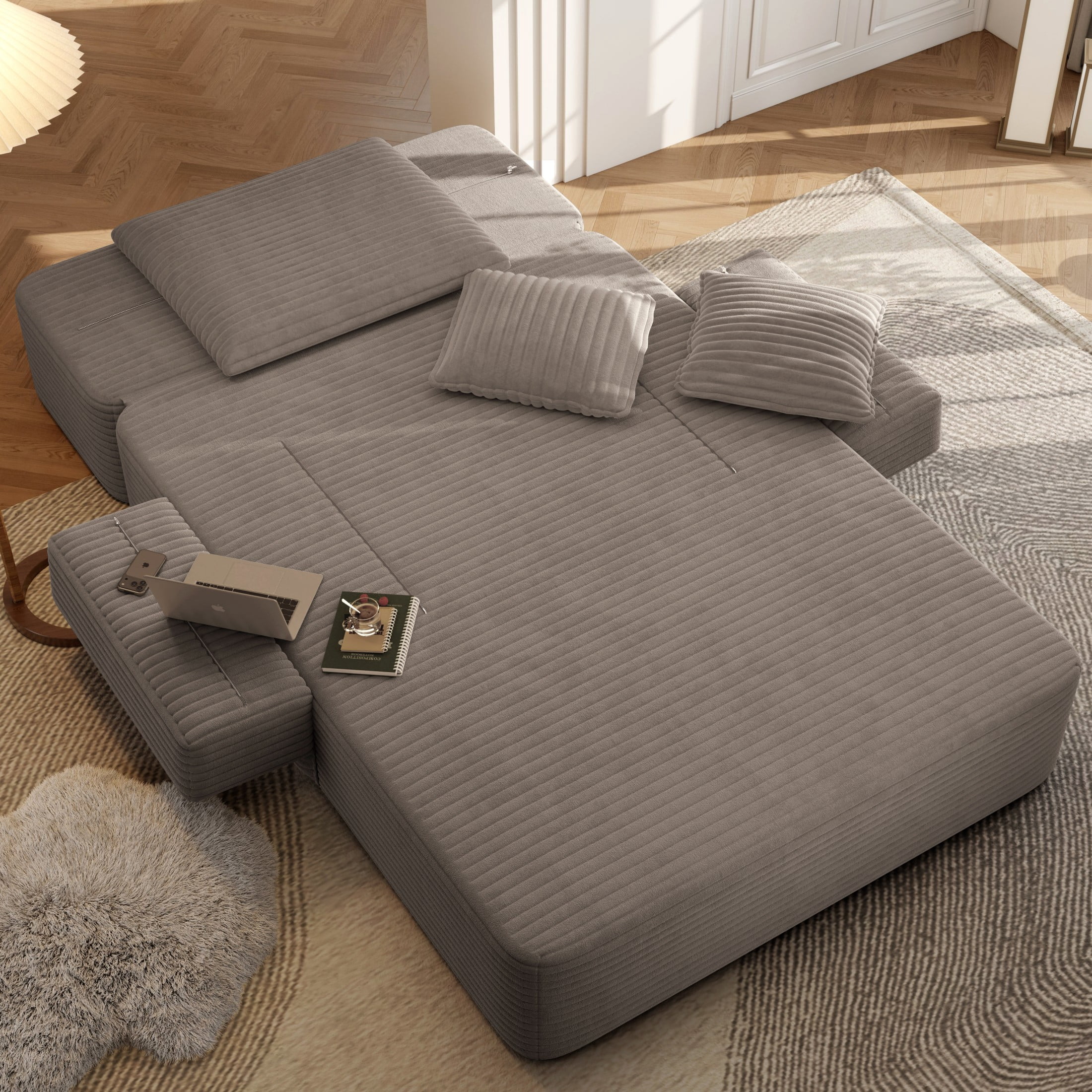 Aukfa Chaise Lounge Chair Indoor, Oversized Corduroy Boneless Sleeper Sofa Bed with Storage Pockets, Adjustable Backrest&3 Pillows, Reading Couch for Living Room Apartment, Coffee