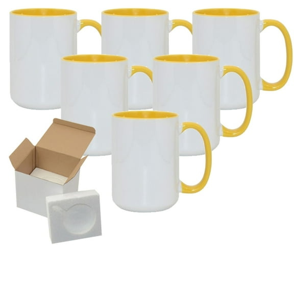 6 Pcs 15OZ El Grande Yellow Inside & Handle Sublimation Mugs With Foam Support Boxes