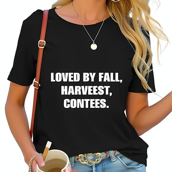 Stylish Cotton Short Sleeve T-Shirt with Bold 'LOVED BY FALL HARVEEST CONTESS' Text - Perfect for Autumn Vibes