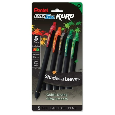EnerGel Kuro, Shades of Leaves, Liquid Gel Pen, 0.7mm, 5-pk