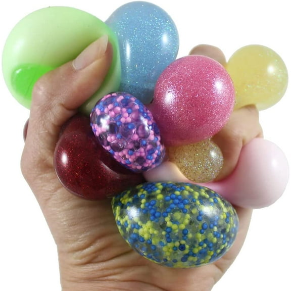 8 Mini Stress Balls - 4 Different Styles - Glitter, Metallic, Confetti, Glow in Dark 1.5" Stress Ball - Ceiling Sticky Glob Balls - Squishy Gooey Shape-able Squish Sensory Squeeze Balls