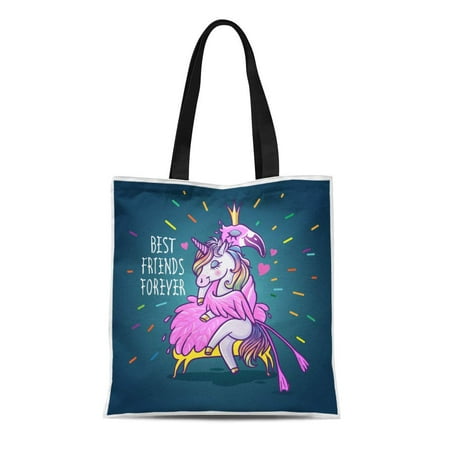 SIDONKU Canvas Tote Bag Unicorn Flamingo Best Friends Forever Cartoon Cute Drawing Reusable Shoulder Grocery Shopping Bags