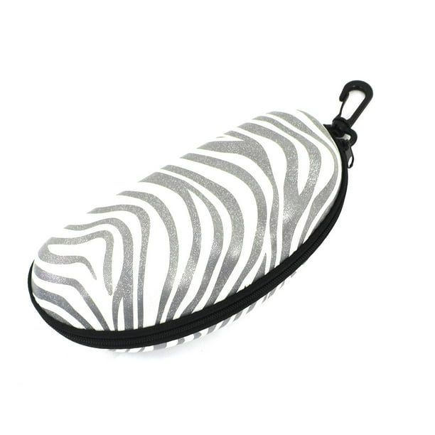 Gray White Faux Leather Oval Shape Zipper Eyeglasses Case Box w Plastic Clasp
