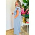 thumbnail image 3 of Women's Beau Blue Textured Ruffled Sleeve Zipped Top and Wide Leg Pants Set | [ZhiHiMeRi] | (US 12-14)L, 3 of 5