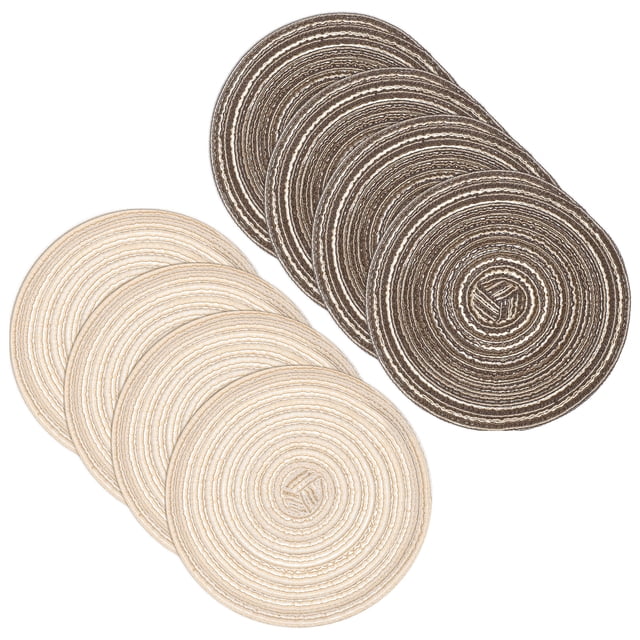 Uxcell 8 Pcs Round Woven Placemats, 7 Inch Braided Washable Placemat Heat Resistant Decorative Place Mat for Kitchen Dining Table Countertop, Coffee/Khaki