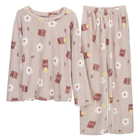Gunia Women's Pajama Sets Solid Color Teddy Bear Jacquard Flannel Warm Suit Winter Thick Warm Home Clothes Pjs Khaki