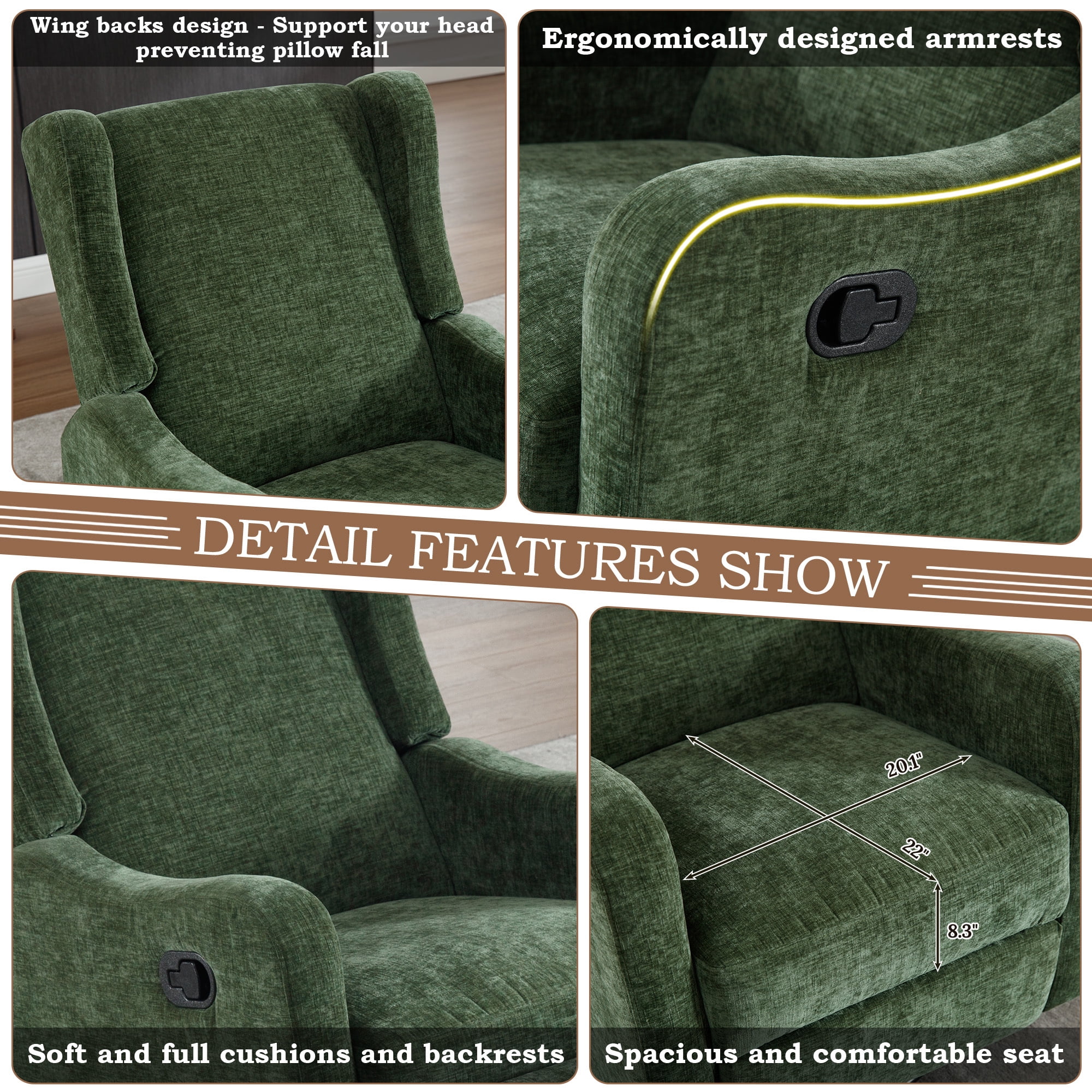 Lunale Swivel Glider Rocking Chair for Nursery, Wingback Upholstered Glider Rocker for Living Room, Green Chenille Fabric