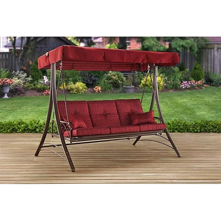 Mainstays Callimont Park 3 Seat Canopy Porch Swing Bed Red Com - Outdoor Patio Swing Canopy Bench Chair Rocking Hammock