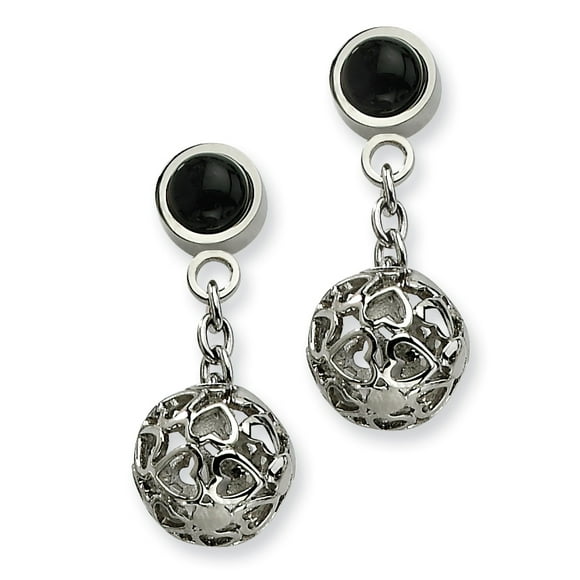 Stainless Steel Heart Cutouts Puffed Circle w/ Onyx Post Dangle Earrings SRE201