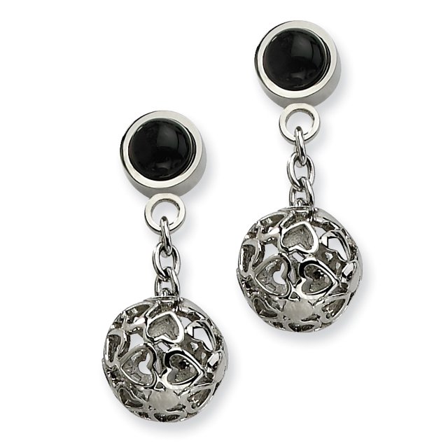 Stainless Steel Heart Cutouts Puffed Circle w/ Onyx Post Dangle Earrings SRE201