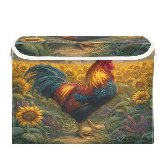 Large Collapsible Storage Box Flip Lid Fabric Decorative Organizer Container Basket with Handles 16.5×12.6×11.8in Sunflower Farm's Rooster