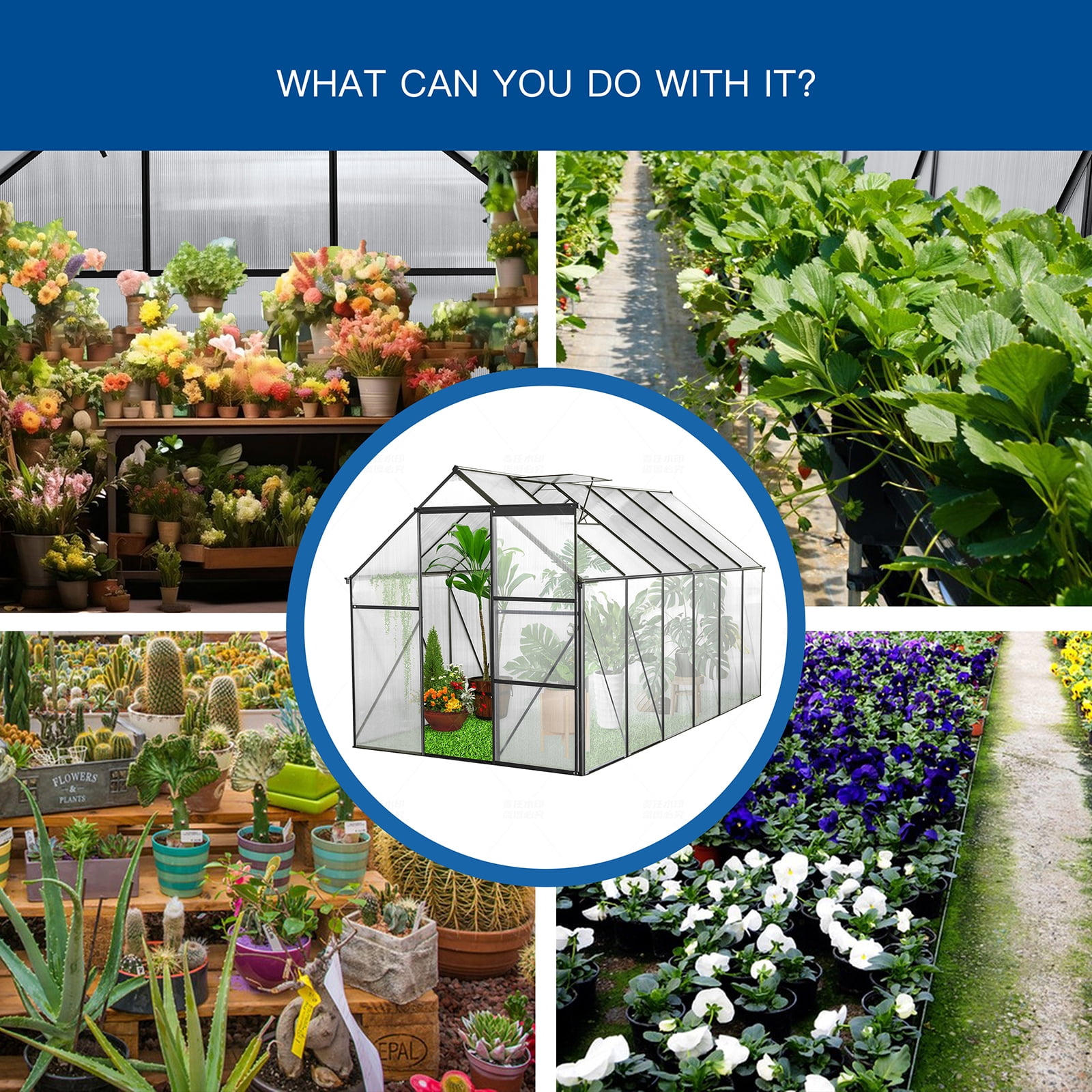 Polycarbonate Greenhouse, Walk In Greenhouse With Drainage System & Galvanized Base, Sliding Door, Adjustable Roof, Rust-proof Aluminum Alloy Frame Walk-in Greenhouses