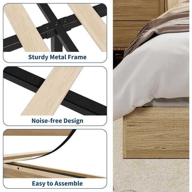 BeesClover Solid Wood Platform Bed with Sturdy Wooden Slats, Full Size Floor-Standing Bed Frame, Modern Minimalist Design Space-Saving Bed Frame, No Box Spring Needed, Easy Assembly