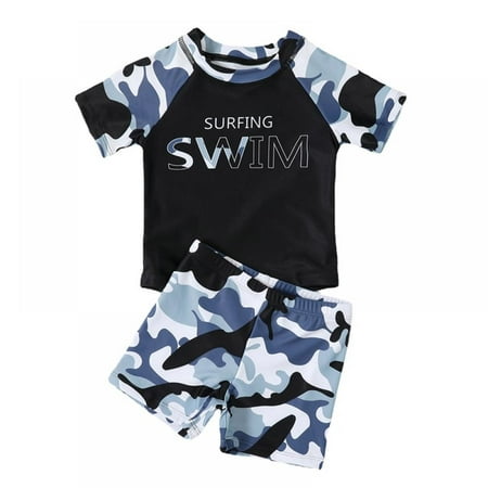 

Toddler Boys Two Piece Swimsuit Short Sleeve Bathing Suit Trunks and Shirt Rashguard Quick Dry Swimwear Kids Sunsuit Set
