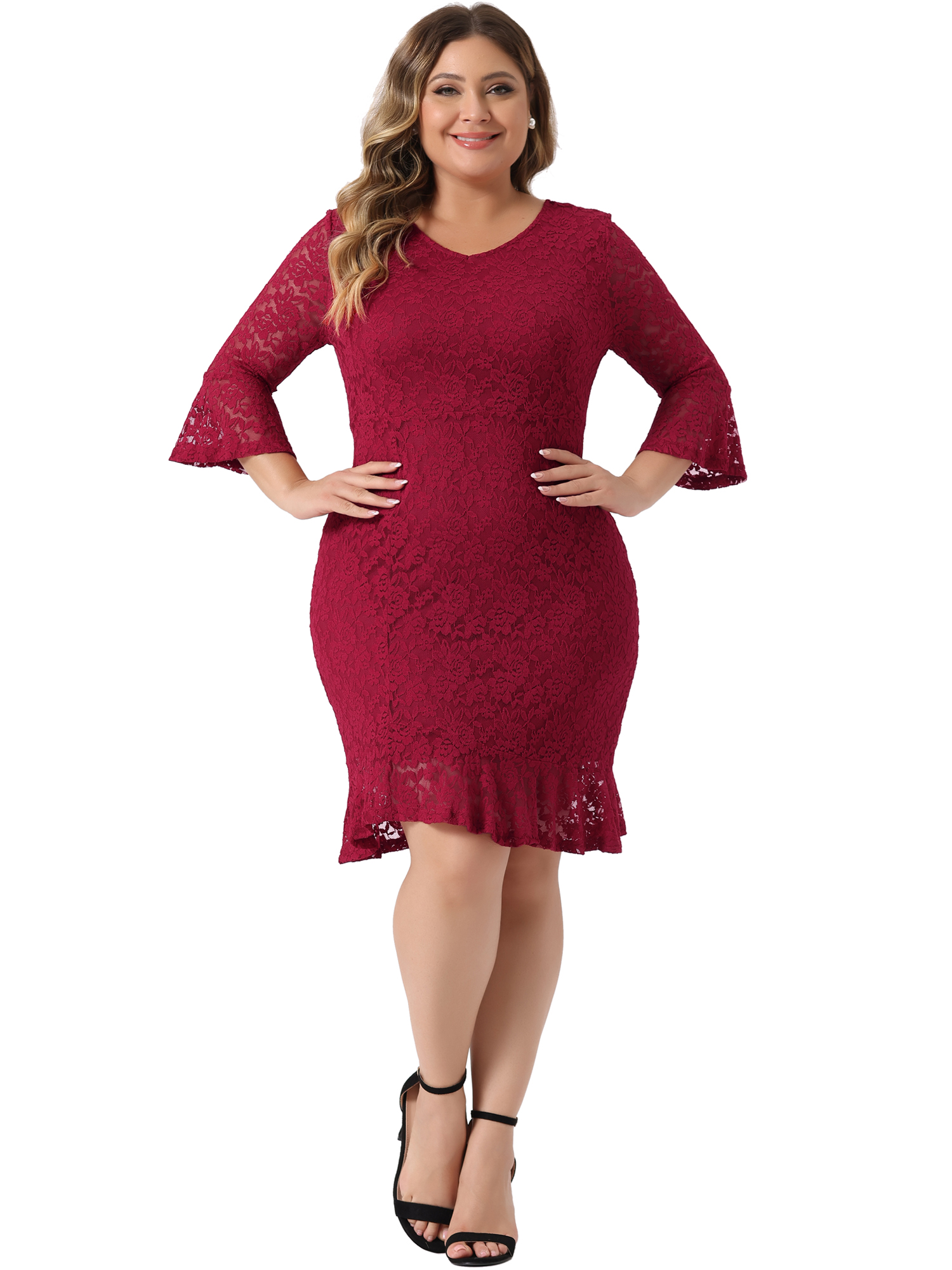 DARING DIVA Plus Size V Neck Ruffle Hem Lace Cocktail Dress 1X Burgundy