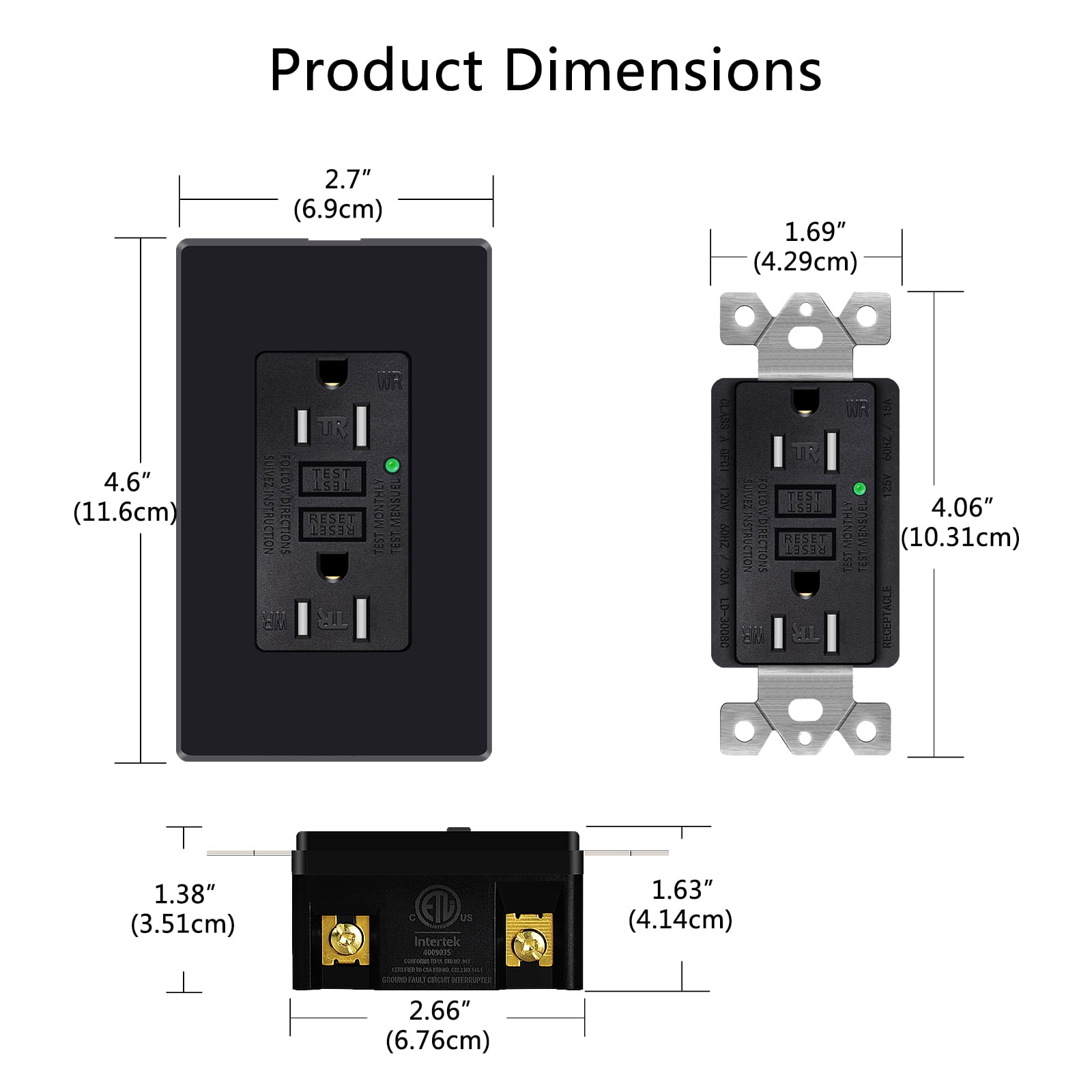 GREENCYCLE 5PK 15A / 125V Tamper Resistant Weather Resistant GFCI Outlets with LED Indicator Decorative Wall Plates Screws Included Residential and Commercial Grade ETL Certified Black