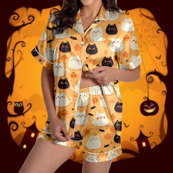 Outfits for Women Lapel Halloween Print Short Sleeve Pocketed Top And Shorts 2 Piece Loungewear Women's Clothing Sets Yellow L