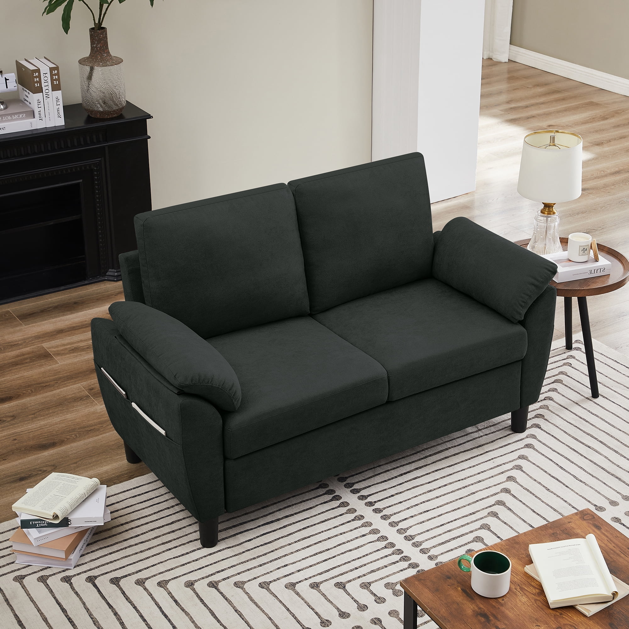 Soscana Loveseat with Storage Side Pockets, 2 Seat Sofa Love Seat Small Couch for Living Room Bedroom Apartment Office Studio,Black