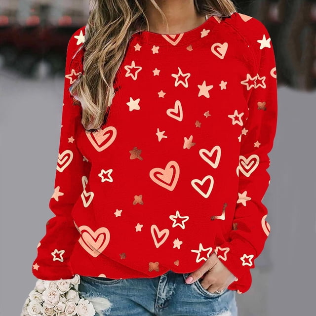 RKSTN Blouses pour Femmes, Chandail en Molleton Imprimé de la Saint-Valentin, Épaule à Manches Longues, Col Rond, Blouses Habillées Décontractées