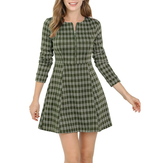 INSPIRE CHIC Vestido Mini de Manga Larga con Cierre y Corte en A de Cuadros Vintage para Mujeres L Verde Oscuro