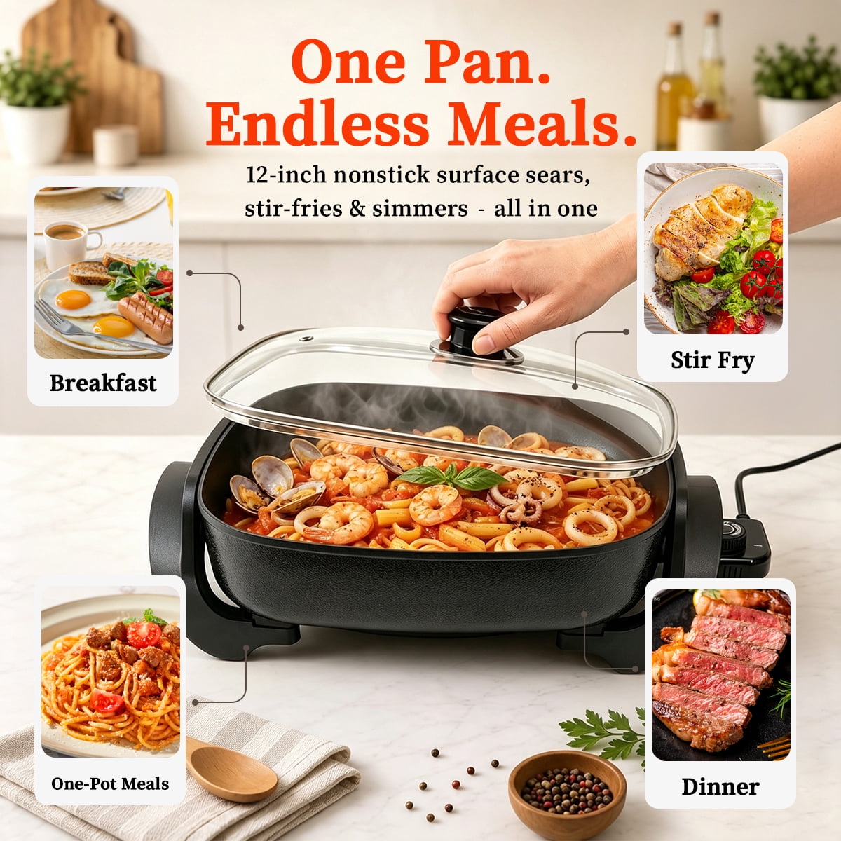 12 Inch Electric Frying Pan with Glass Lid, 5L Non-Stick Skillet, 1500W Fast Heating with Adjustable Temperature Control