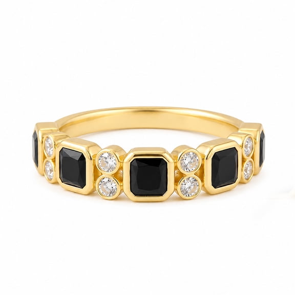 Vintage Black Onyx & Moissanite Spinal Band, 925 Sterling Silver Yellow Plated Half Eternity Band Ring, Promise Ring, Handmade Jewelry, Gift for Her