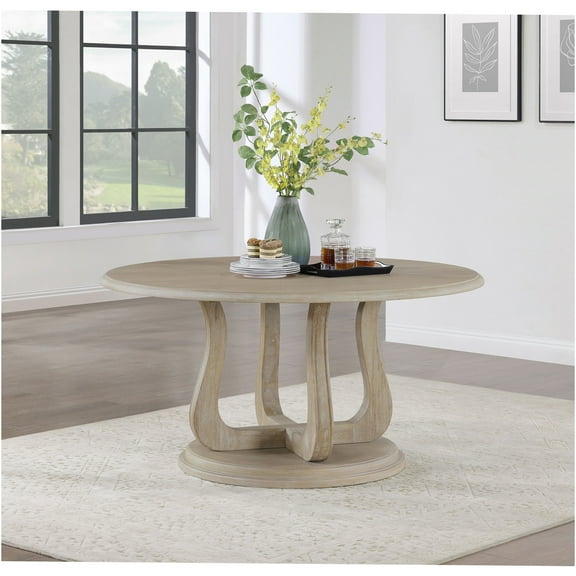 JERFIT 60-inch Round Dining Table for 6, White Washed Farmhouse Pedestal Base Kitchen Table, Solid Wood Modern Style