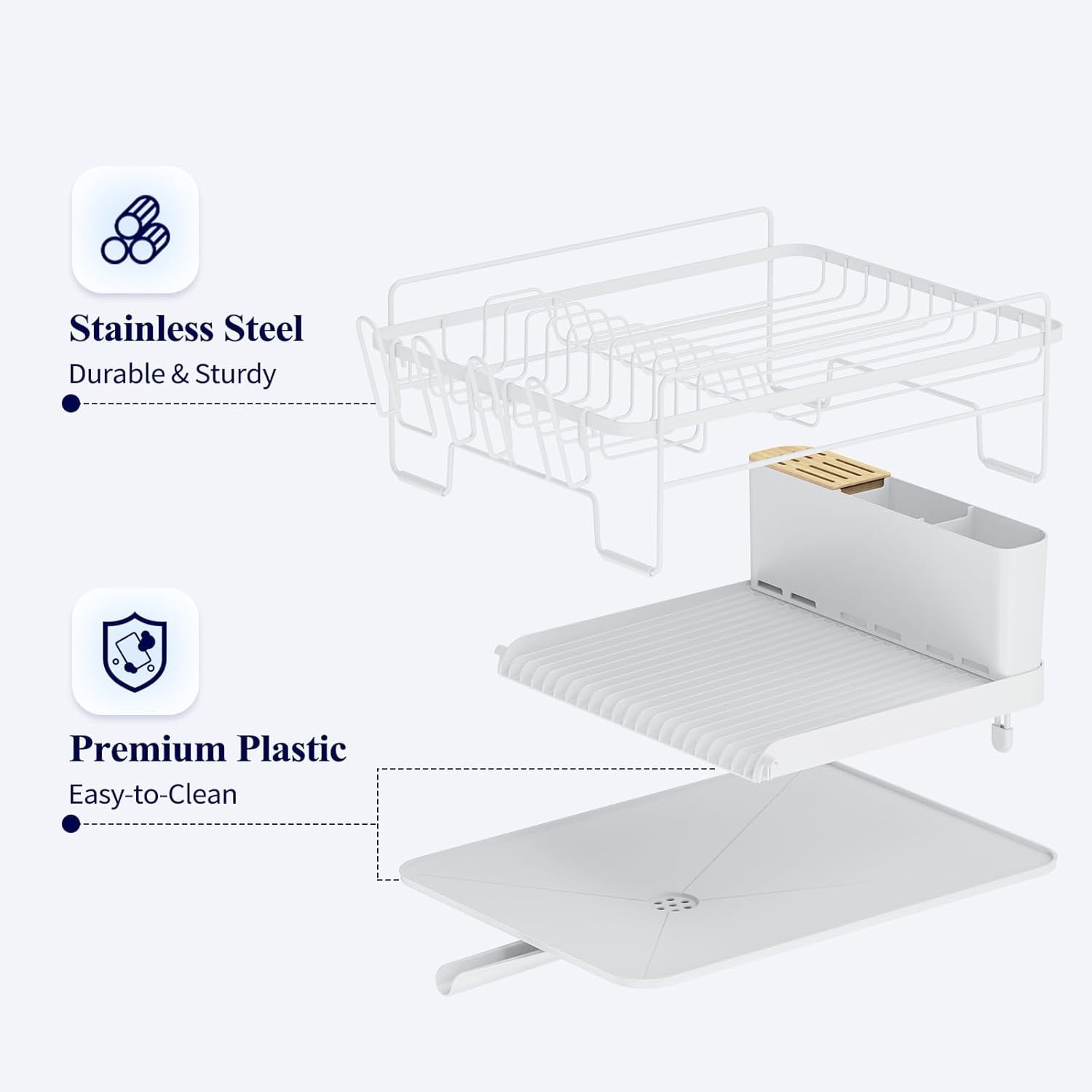 Large Dish Drying Rack - Extendable Dish Rack, Multifunctional Dish Rack for Kitchen Counter, Anti-Rust Dish Drainers with Cutlery & Cup Holders 19.2"-26.7" L x 12.9" W, White