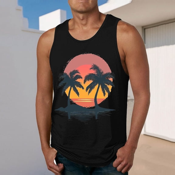 Fnnxeal Men's Lightweight Polyester Tank Top Casual Print Sleeveless Summer Breathable Tank Top for Men Black