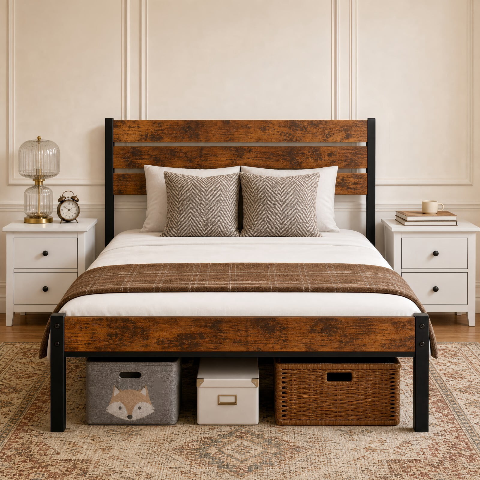 Kelno Industrial Queen Size Bed Frame 800LBS Heavy Duty with Wooden Headboard 14 Inch Metal Platform Bed No Box Spring Needed, Rustic Brown
