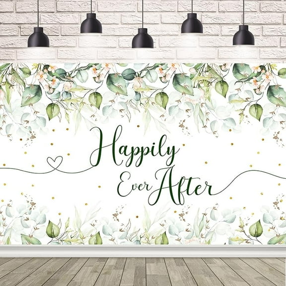 7x5ft Happily Ever After Backdrop for Wedding Eucalyptus Leaves Gold Dots Photography Background Bridal Shower Wedding Party Decorations Banner Photo Props