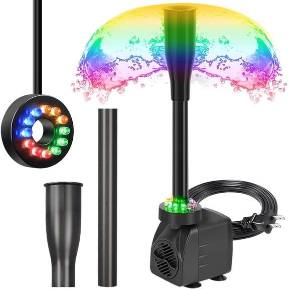 15W 200 GPH Submersible Fountain Pump with LED Light, Ultra Quiet Adjustable Water Pump (800L/H) for Water Feature, Hydroponics, Garden, Pond, Aquariums, Fish Tanks, Indoor Outdoor Fountain