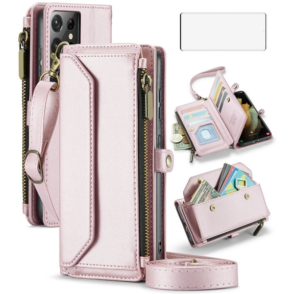 Compatible with Samsung Galaxy S21 Ultra 5G Zipper Wallet Phone Case Tempered Glass Screen Protector Crossbody Lanyard Strap Flip Card Holder Slot Cell Cover for S21ultra 21S S 21 G5 Women Rose Gold