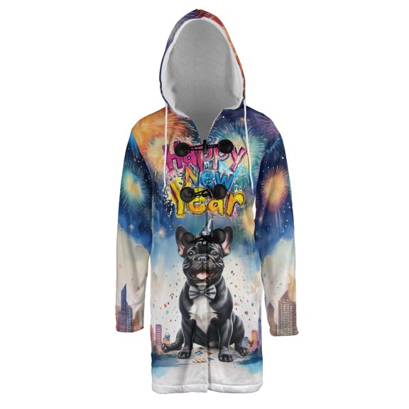 Happy New Year with French Bulldog Fireworks Holiday Xmas Winter 2025 All Over Print 3D Hooded Duffle Toggle Coat Dog Lover Gifts - 00025