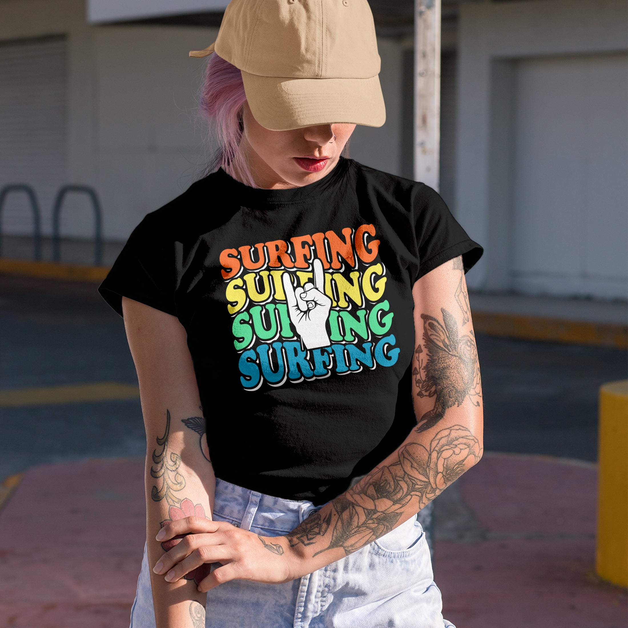 Surfing, Retro Wavy Text with Rock Hand Sign, Royal Blue T-Shirt, 2XL