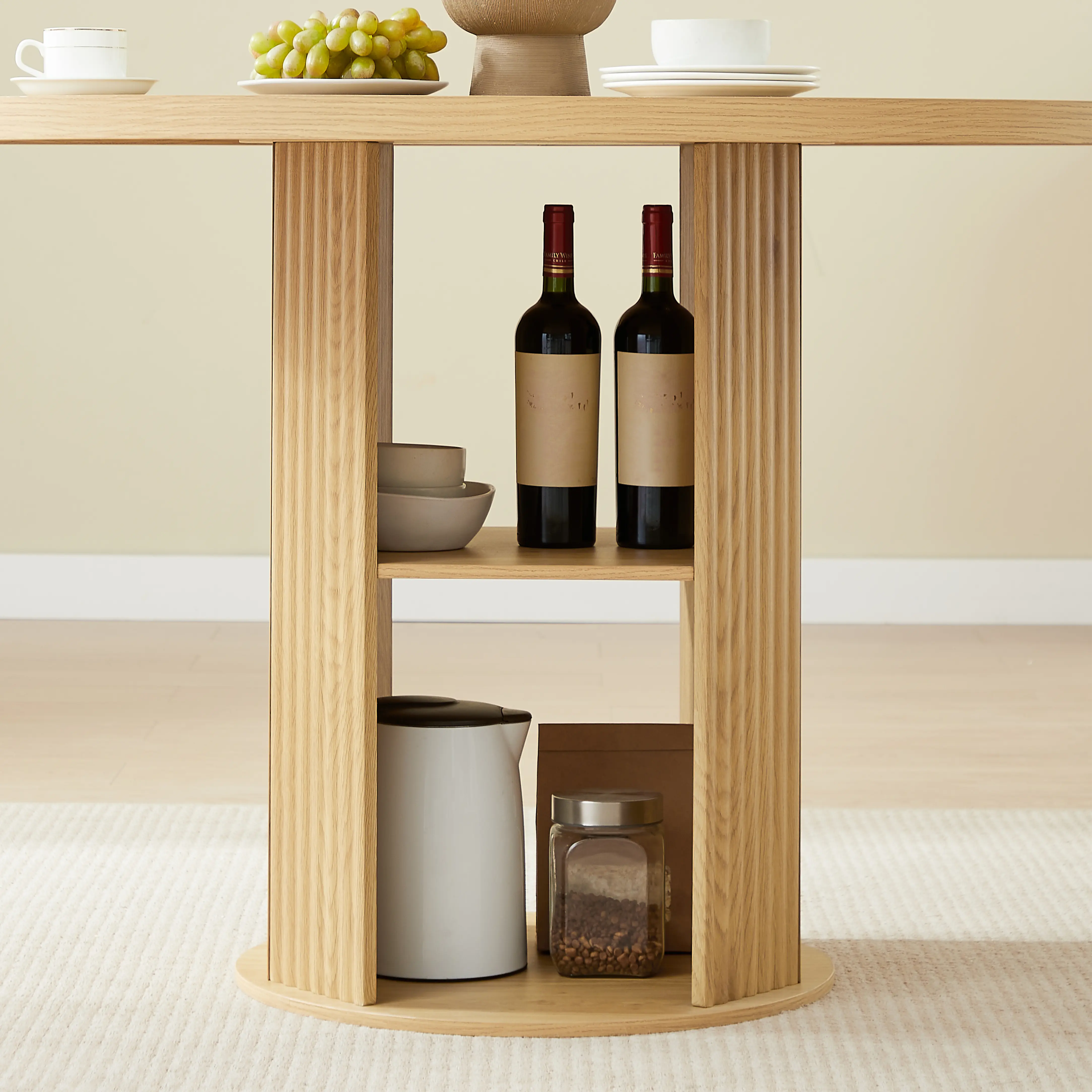 Aukfa 2 Pcs Round Dining Table Set with 2-Tier Storage Shelves, 2 Upholstered Chairs, Natural
