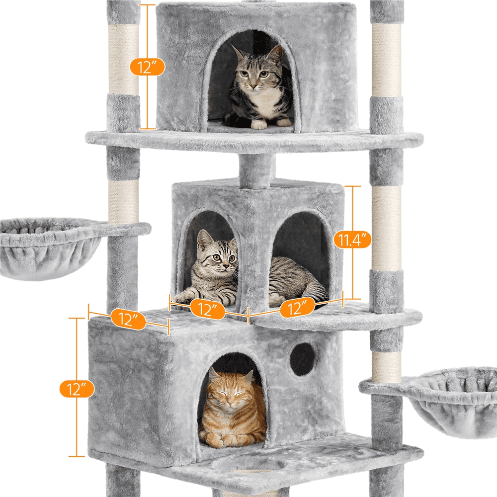 Alden Design 76.5"H Large Cat Tree Tower with 3 Condos Cozy Perches Dangling Ball, Light Gray