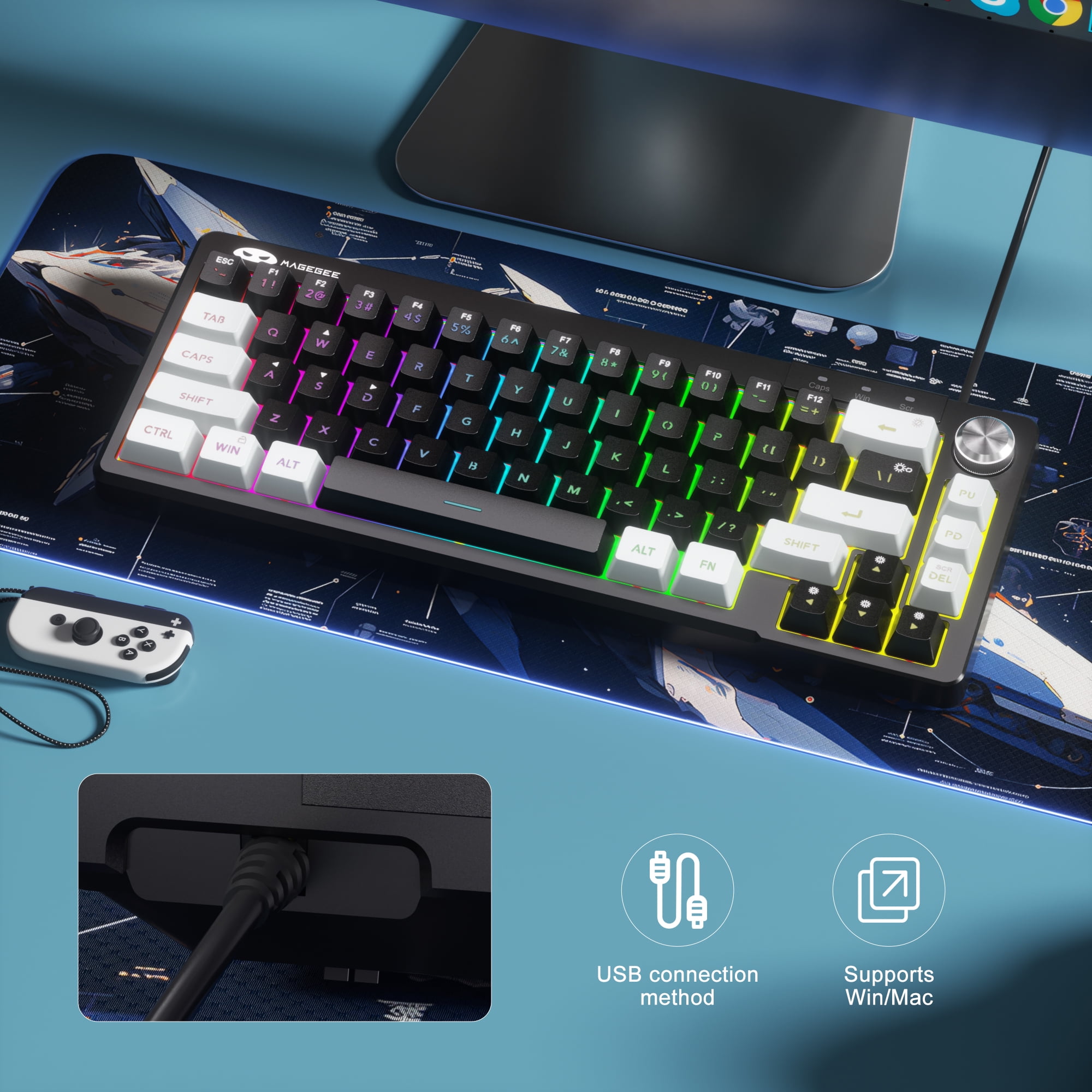 MageGee 60% Gaming Keyboard - TS68 Compact Mechanical-Style Tactile Feel, RGB Backlit with Smart Knob, 68 Keys Ergonomic Design, 18-Key Anti-Ghosting